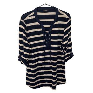 Navy & White Striped Cocomo Lace-Up L Tunic Top With Roll-Tab Sleeves Beach Casu
